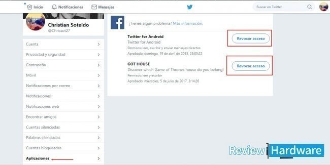 revocar acceso twitter