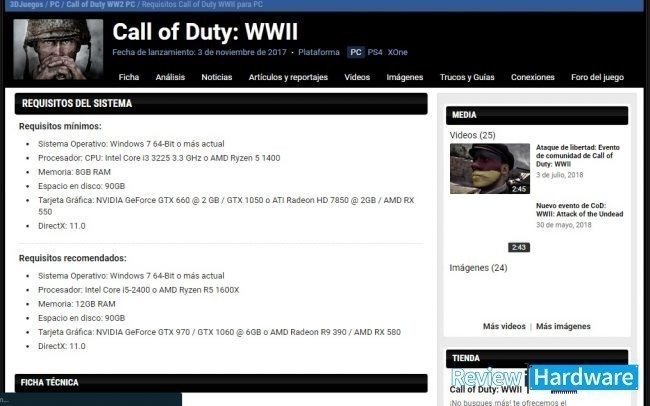 requisitos del sistema de call of duty World War II